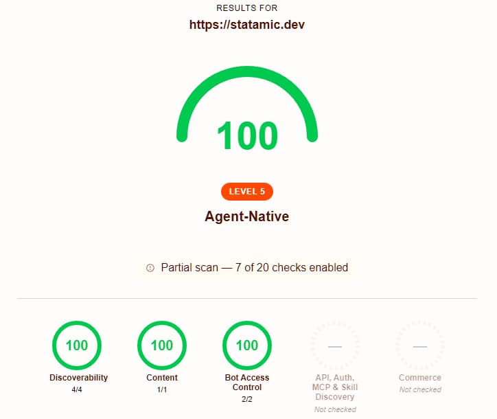 isitagentready.com results for the Statamic docs at statamic.dev after the changes: a score of 100 and Level 5.