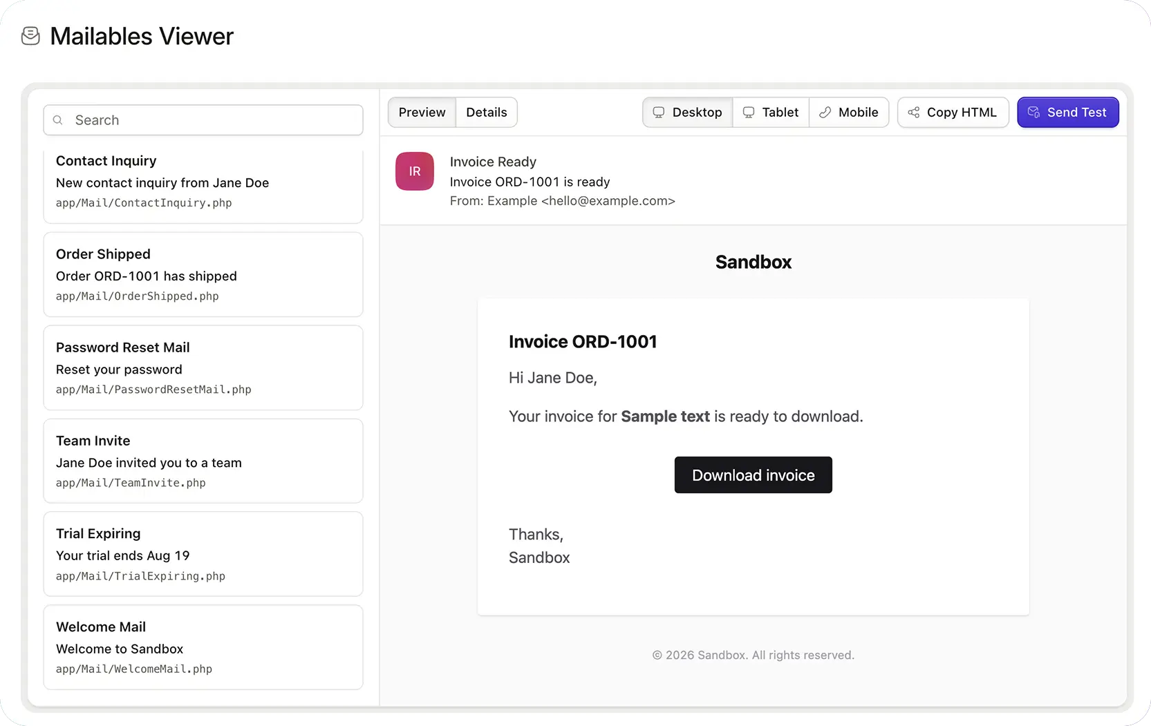 Mailables Viewer in the Statamic Control Panel, previewing an Invoice Ready email