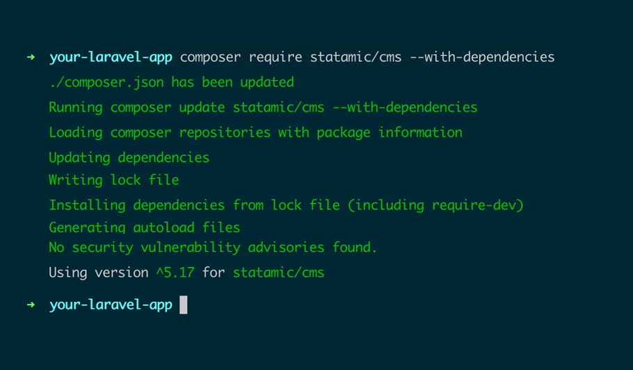 Terminal showing how to install Statamic into an existing Laravel application with Composer
