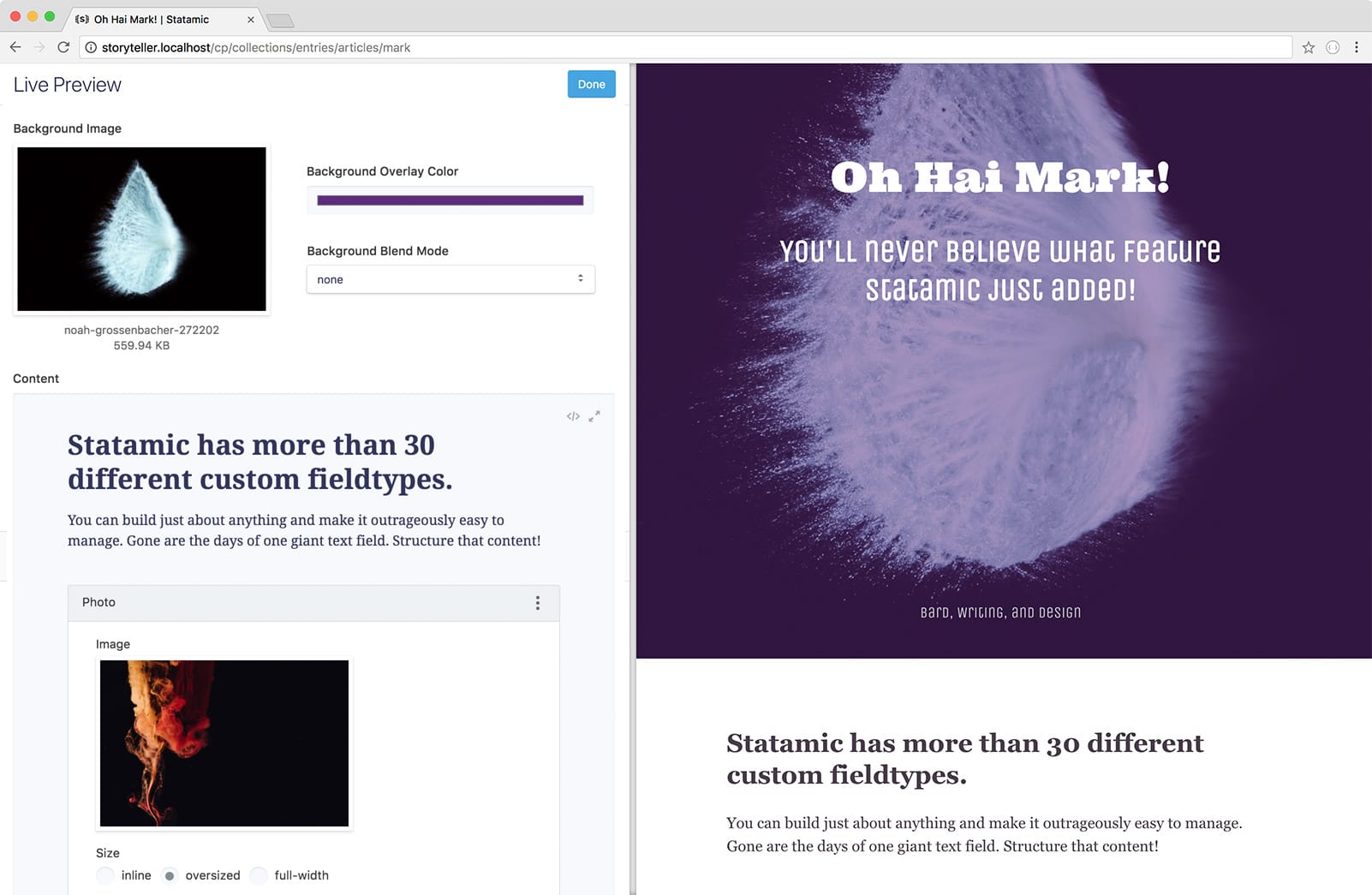 Statamic Control Panel Live Preview mode
