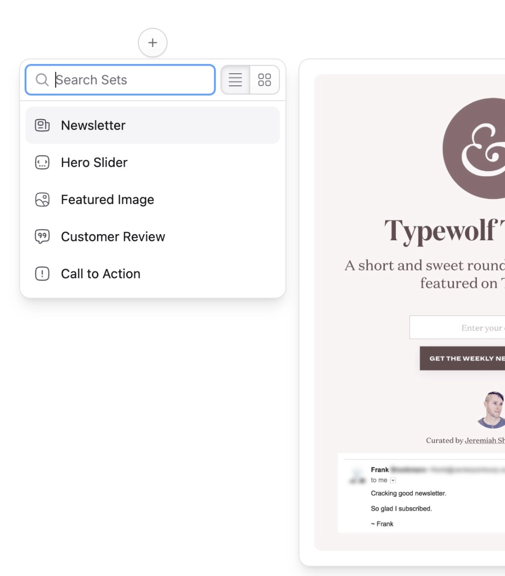 Sets offer a powerful block-based editing experience, with fly-out previews. A 'search set' panel is shown, with a fly-out preview of a newsletter.