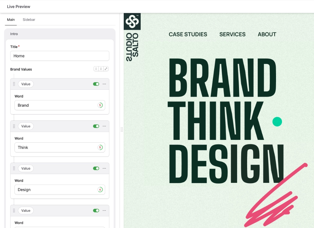 Live Preview in action, showing a page with a live preview of the content. The live preview is an interesting type-based design with a large heading.