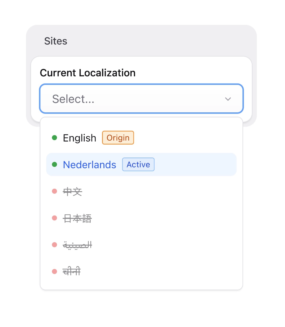 Multi-Site in action, showing a dropdown menu for the different locales. Some are not yet active, others are active and have a green dot next to them.
