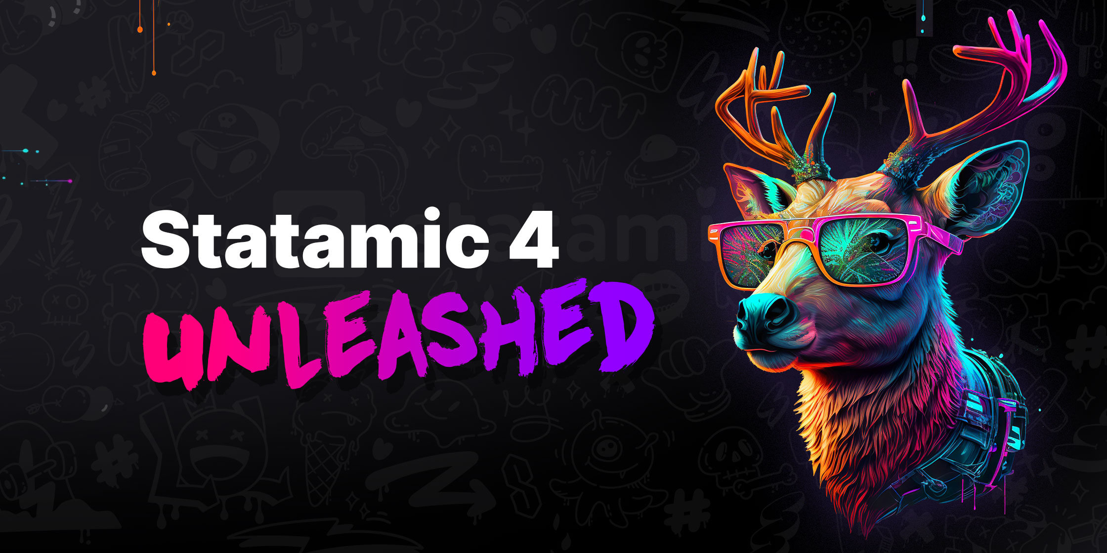 Statamic v4 graphic with Buckshot Thunderstride, Statamic's new mascot