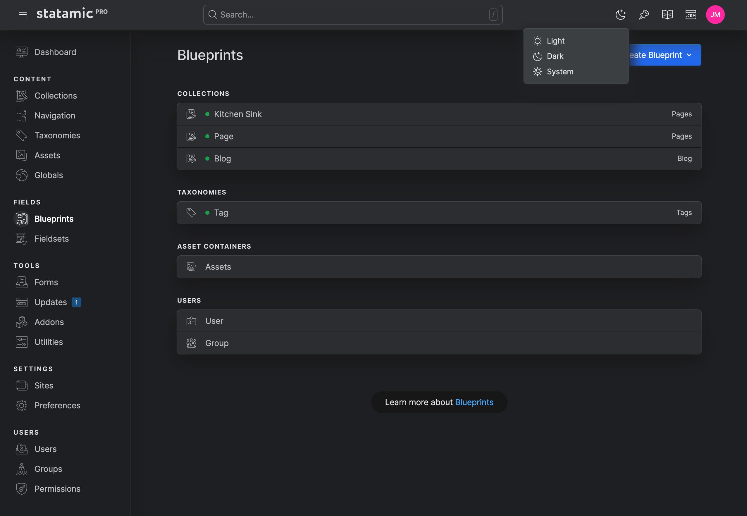 Statamic's Control Panel showing the Blueprints index while in dark mode.