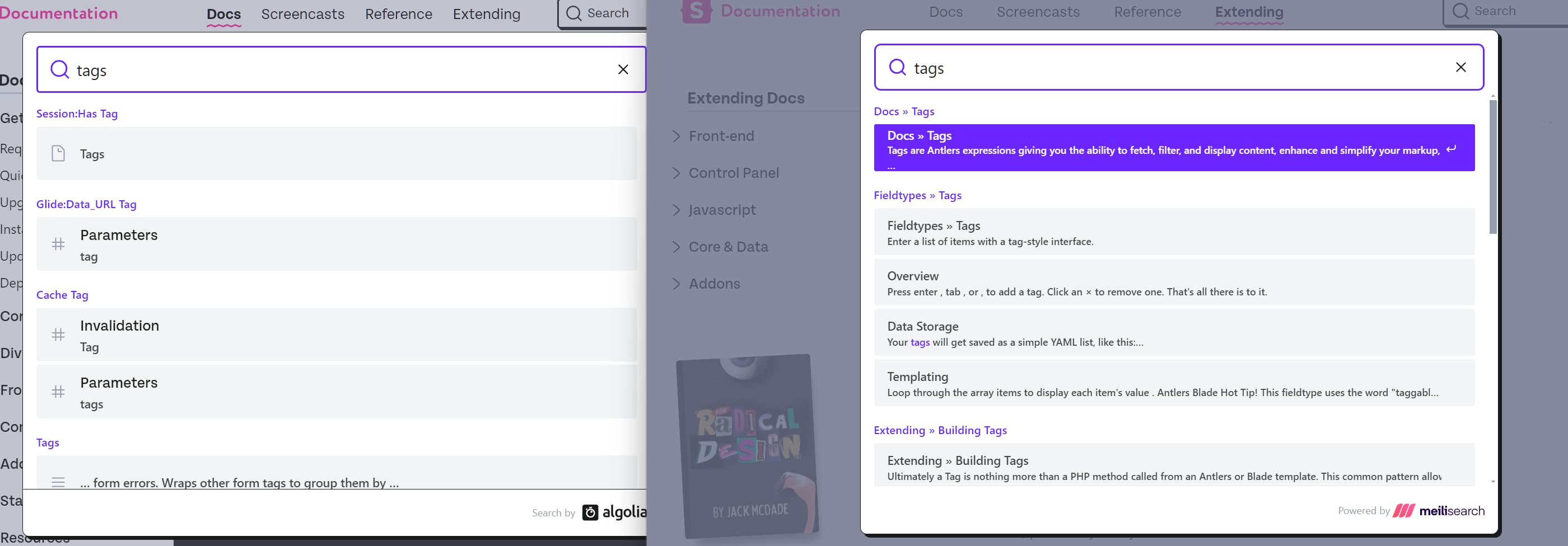 Screenshot showing the input search boxes for Algolia DocSearch and Meilisearch for Statamic's documentation side by side