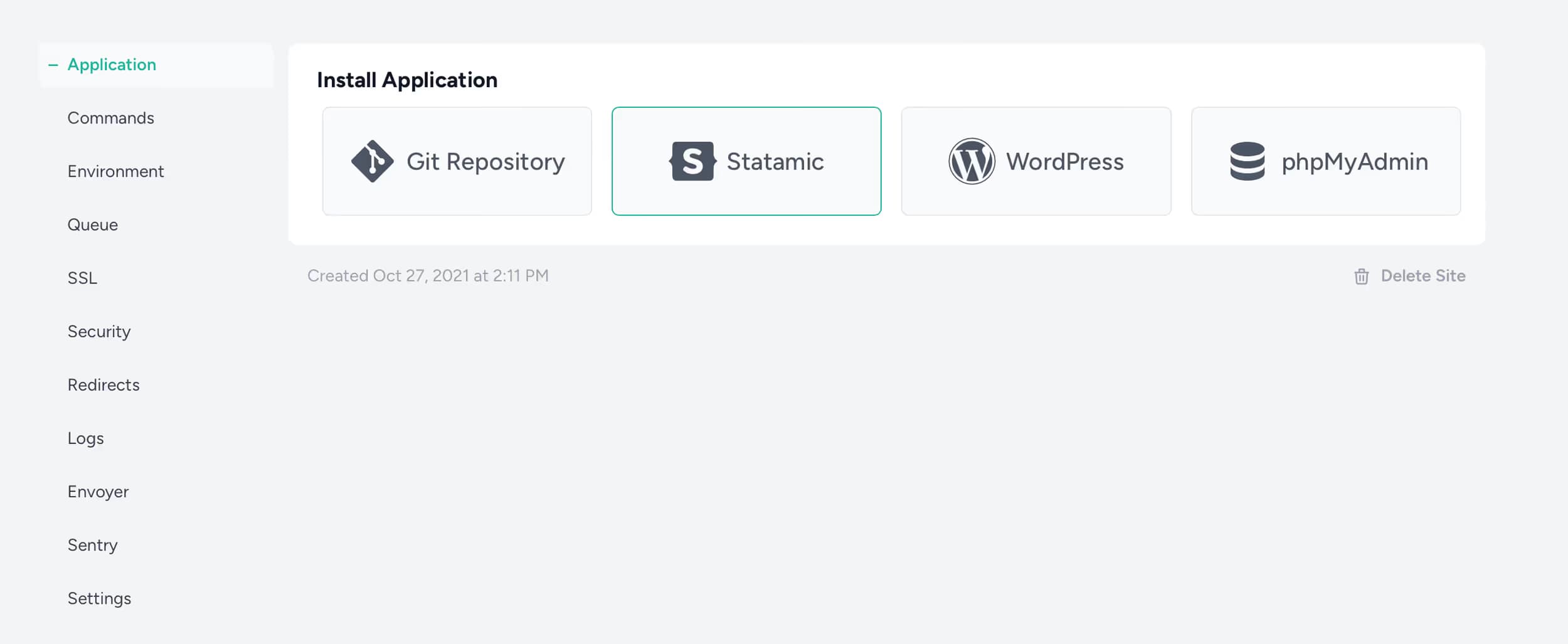 Laravel Forge dashboard showing the Statamic integration