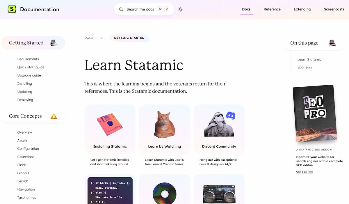 Landing page of the Statamic docs showing the redesign