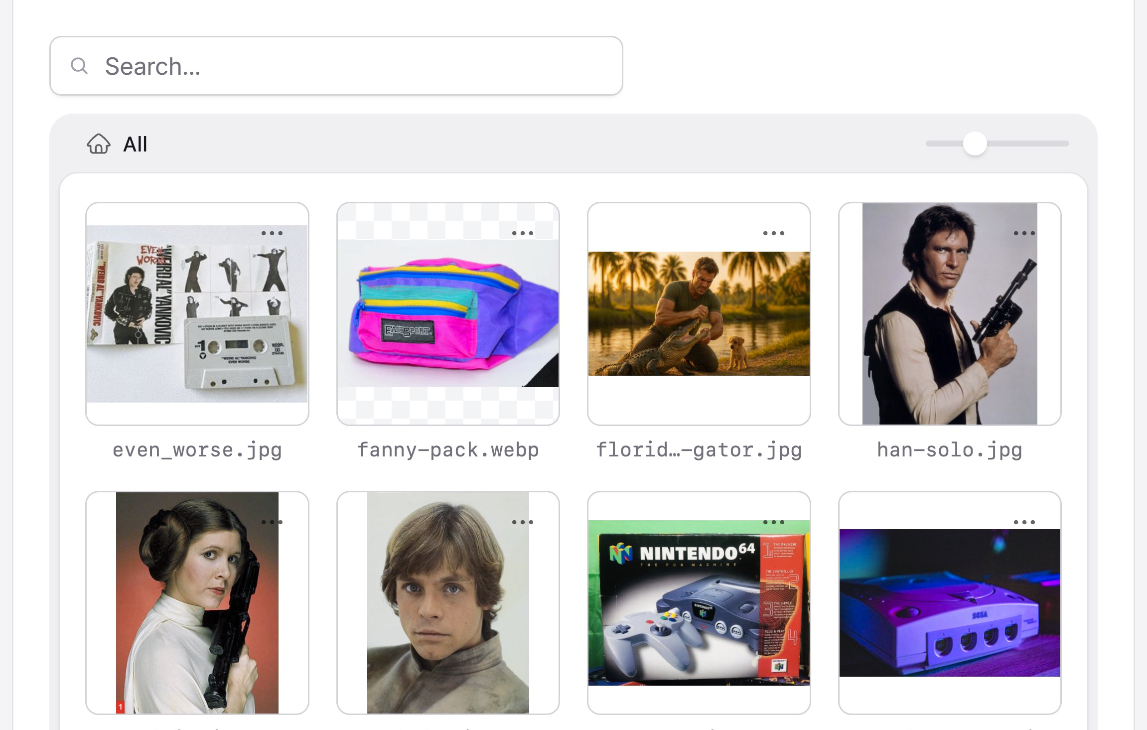 The Statamic Asset Manager page, showing thumbnails with different crops such as portrait, landscape, and also highlighting images with transparent backgrounds.