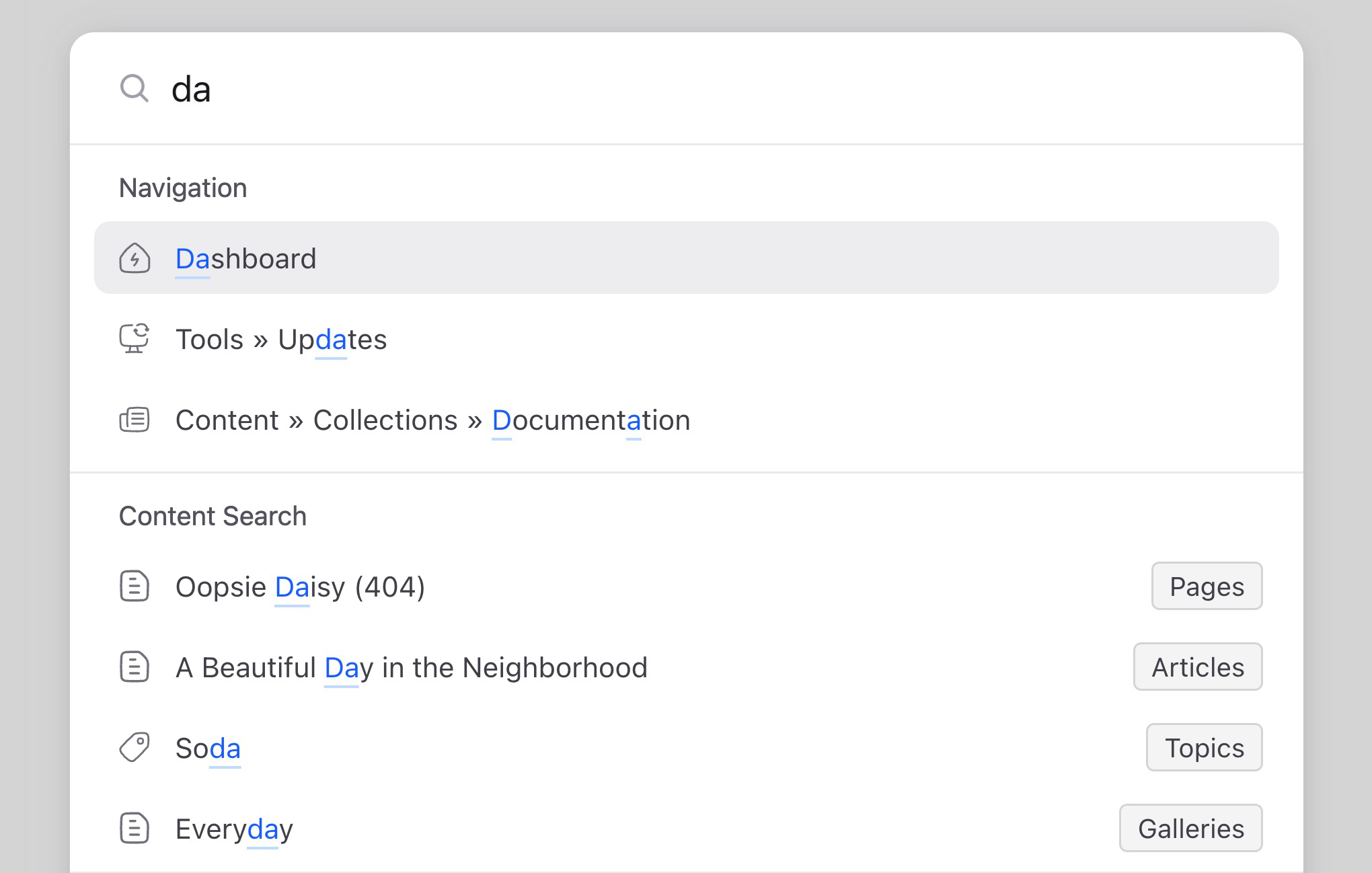 A command palette showing various results like navigation items, and content search results.