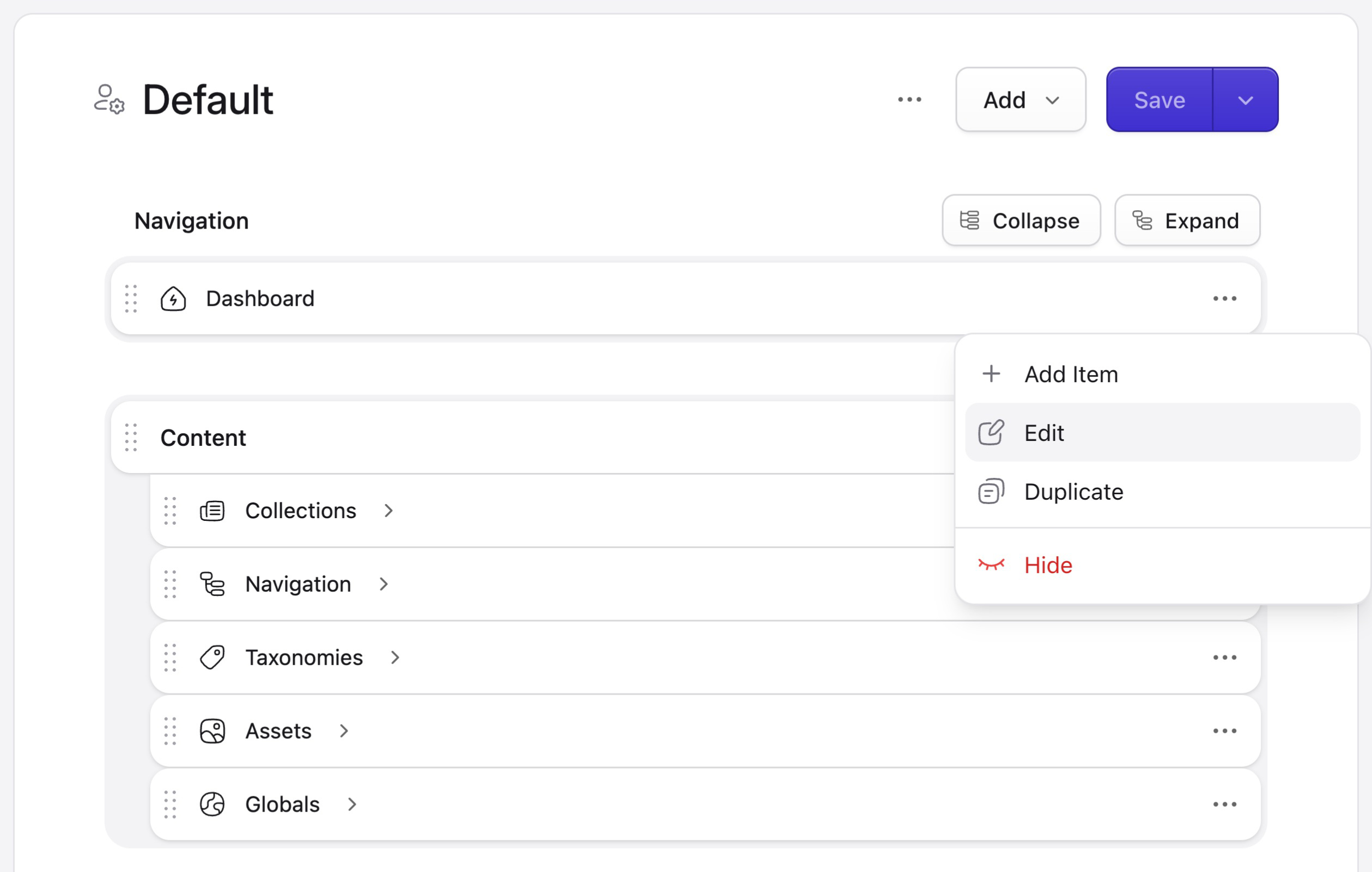 A drag-and-drop customizable navigation menu for the control panel.