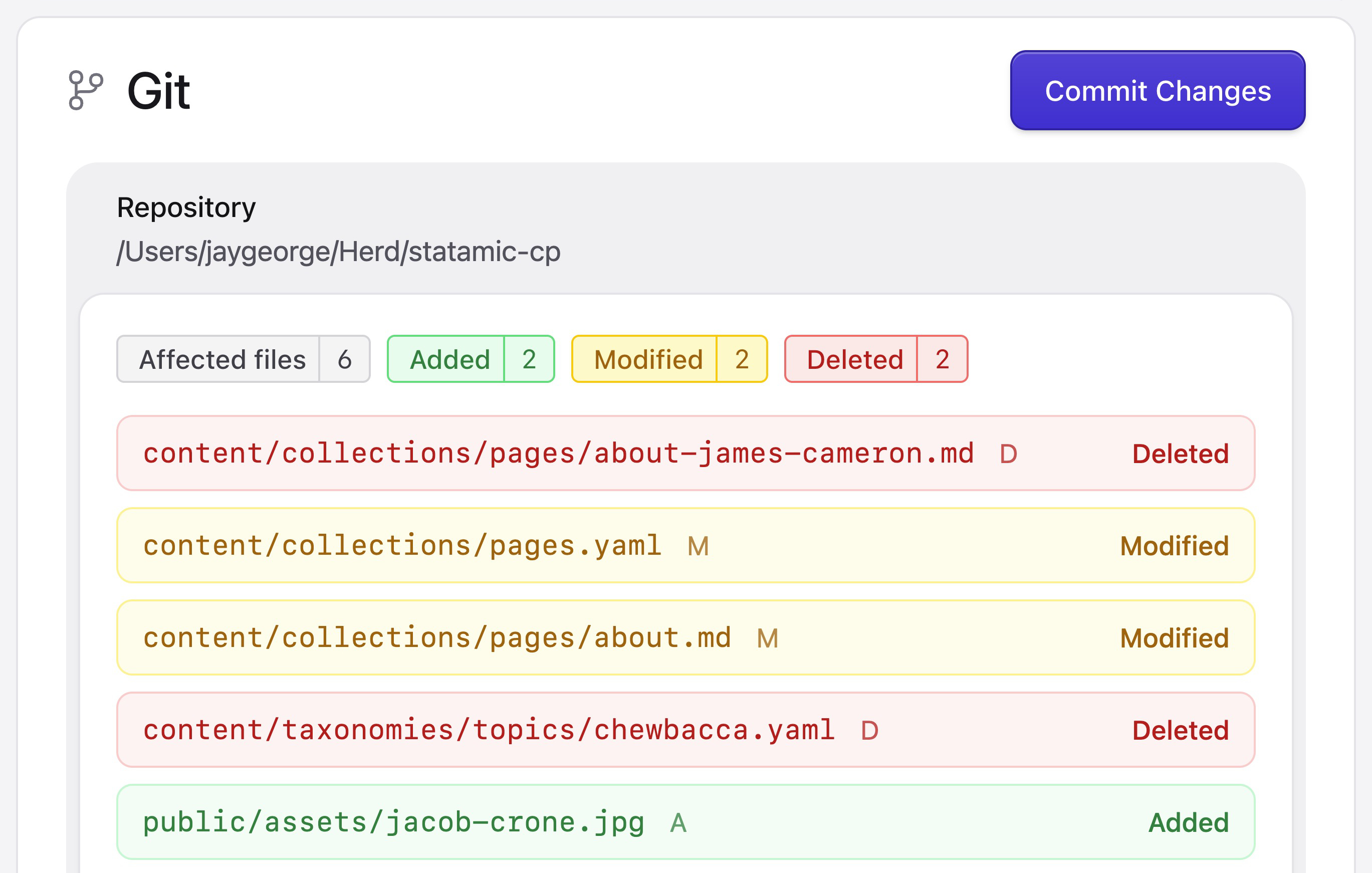 The Git utility screen, showing a variety of files that have been added, modified, or deleted.