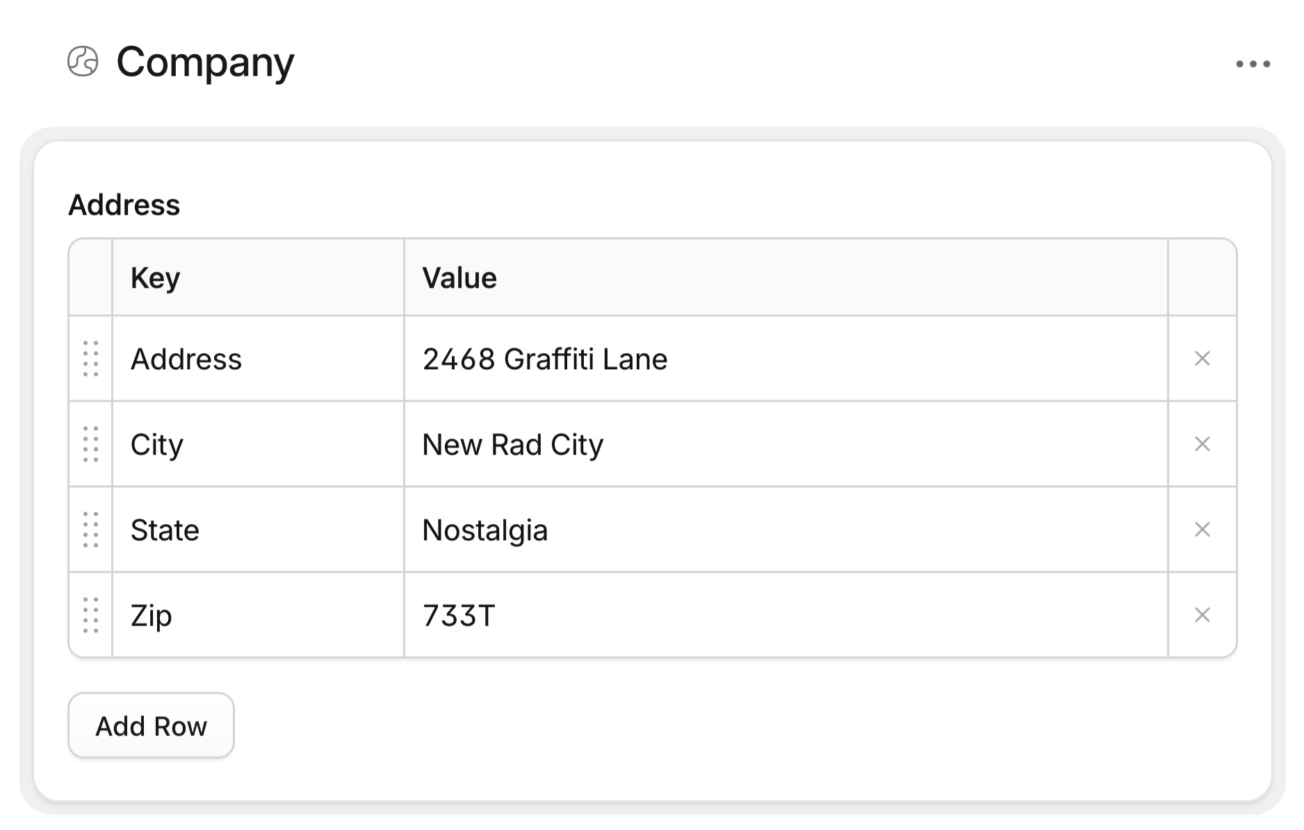 A table of company details in an array, like Address and City.