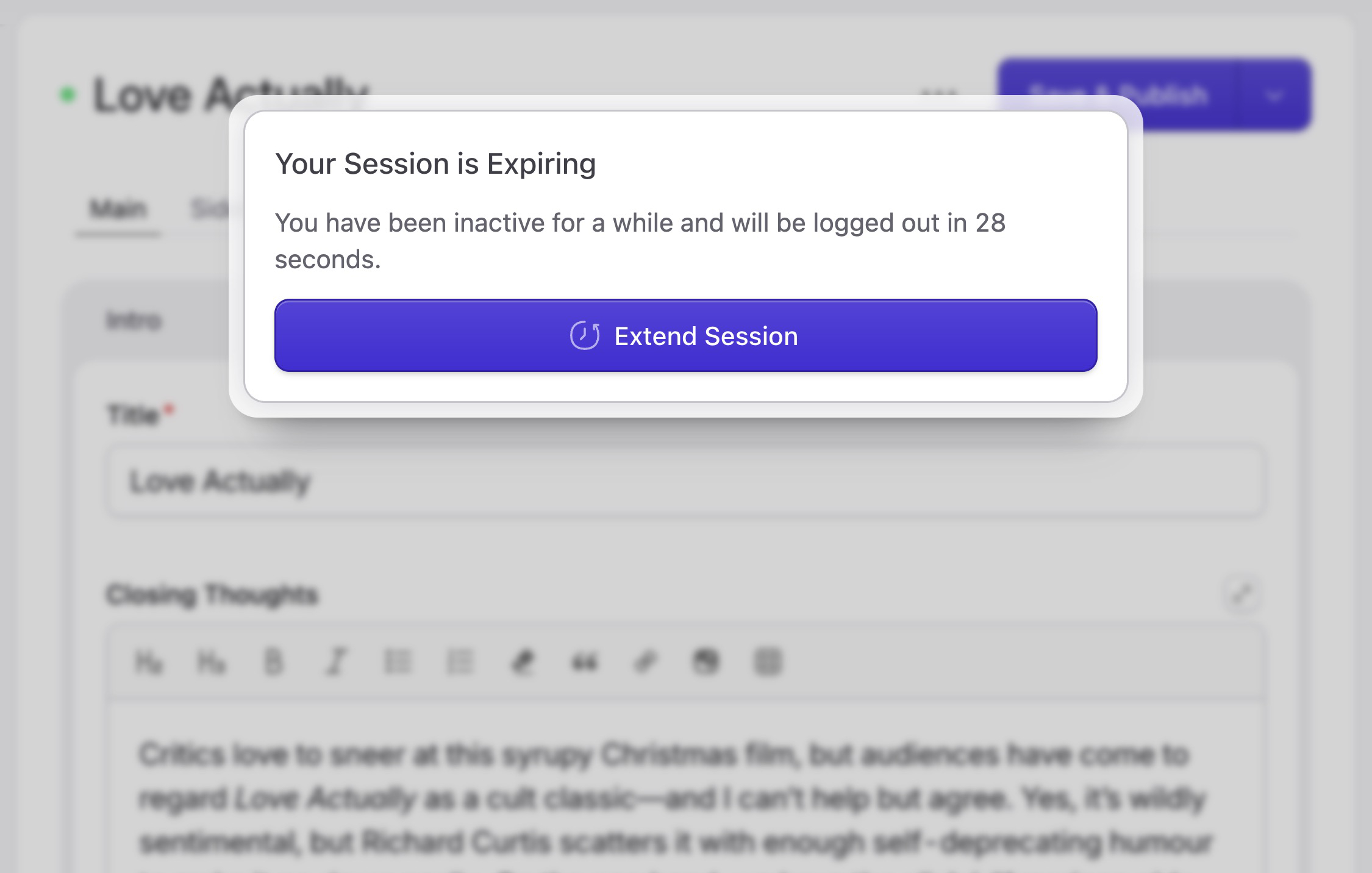 A timeout modal showing the session expiring.