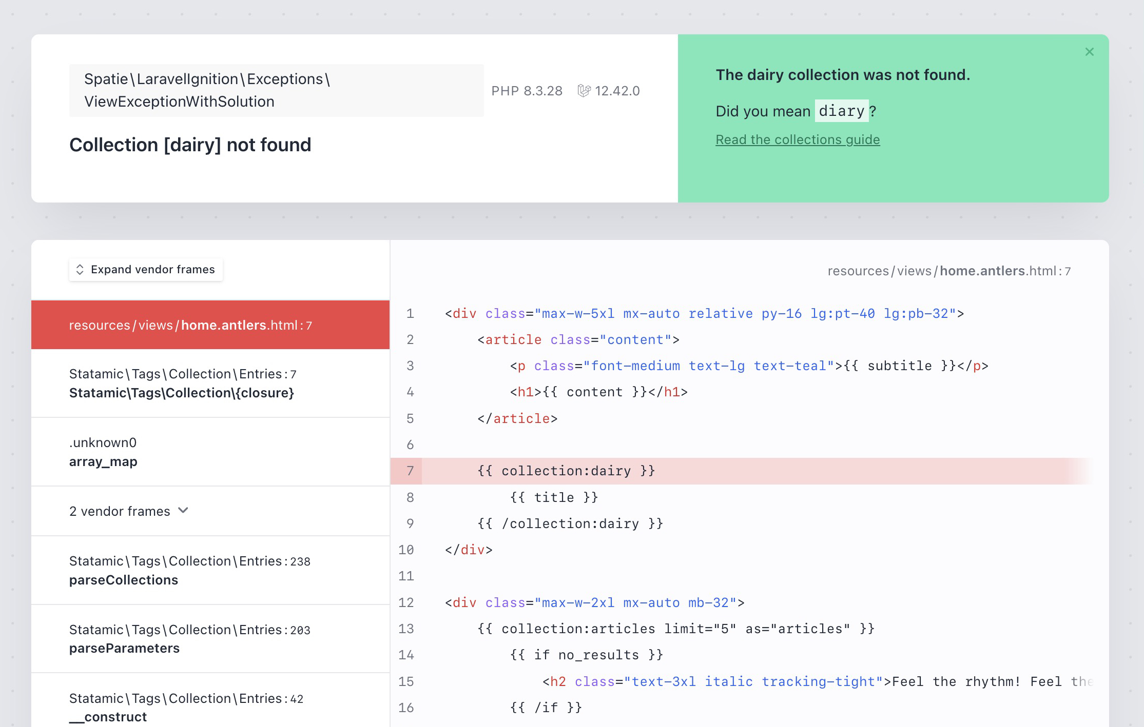 An Ignition error page showing a misspelling of the diary collection as the dairy collection.