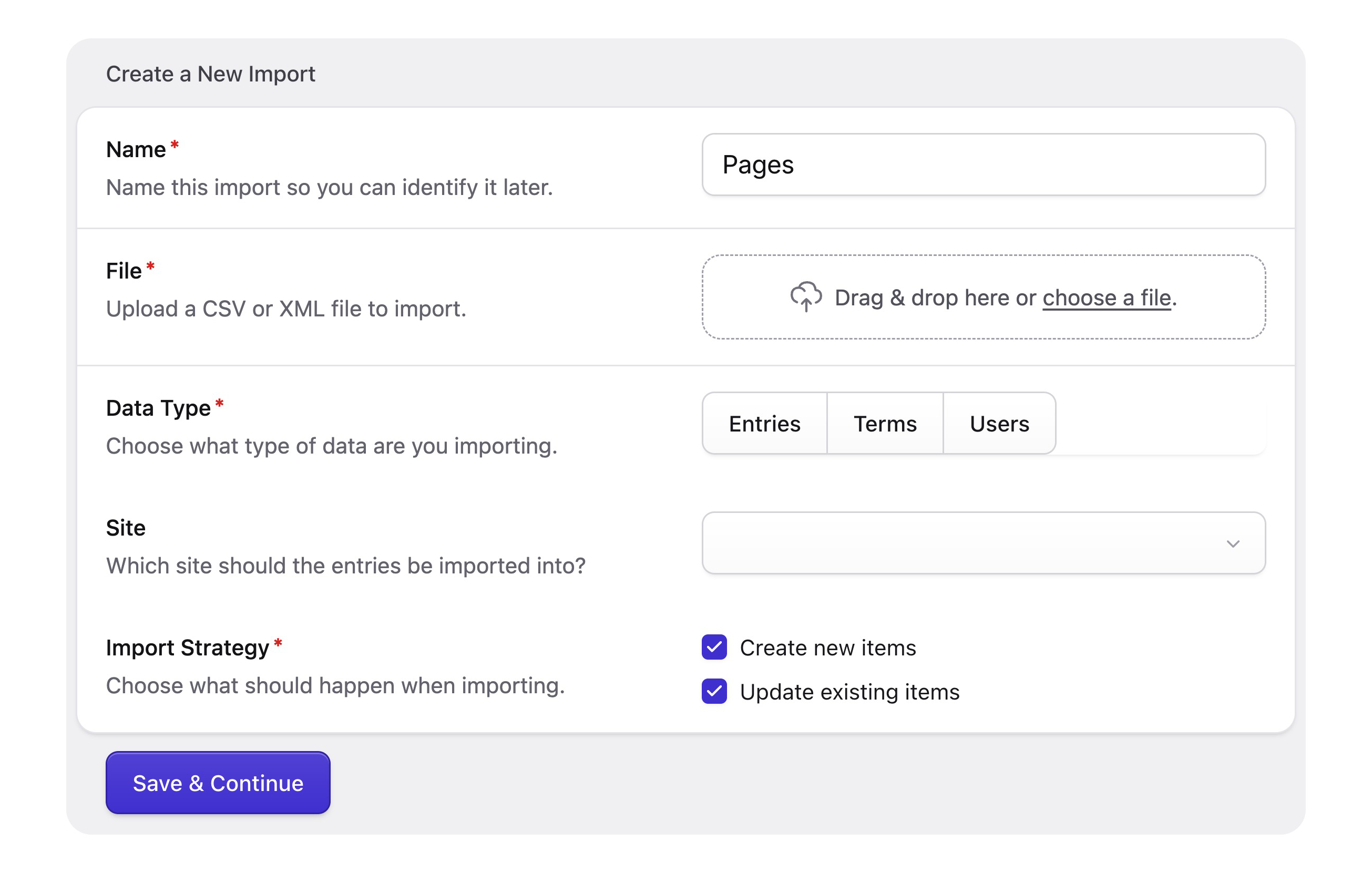 The import wizard showing a CSV / XML file upload and various options such as import strategy.