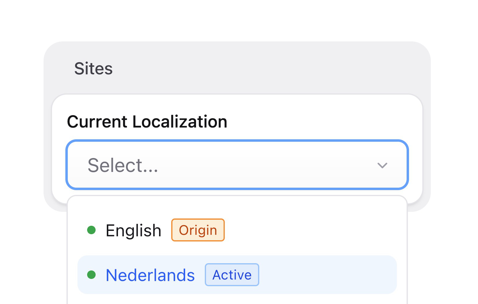 A dropdown showing different localizations. English has an Origin label along with a green dot next to it.