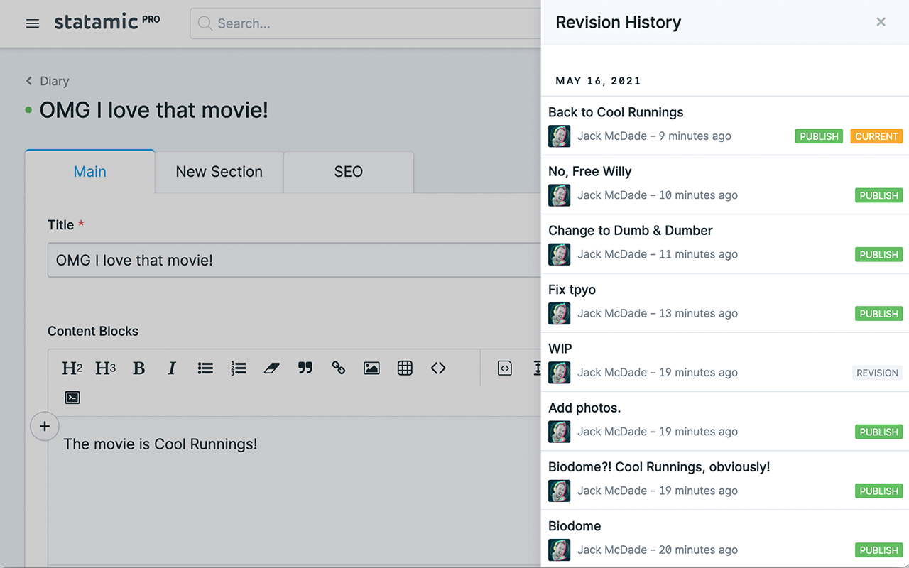 Revisions & Content History Screenshot