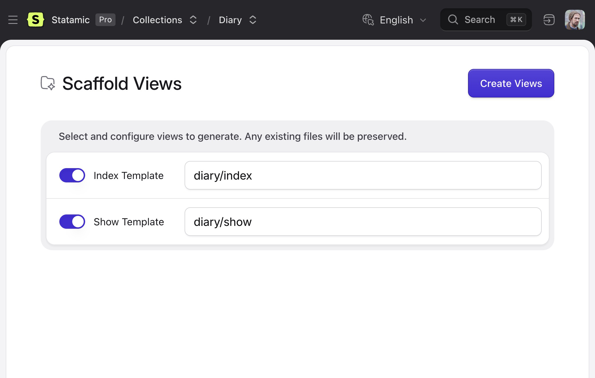 A Scaffold View screen with an index and show template toggled showing route options.