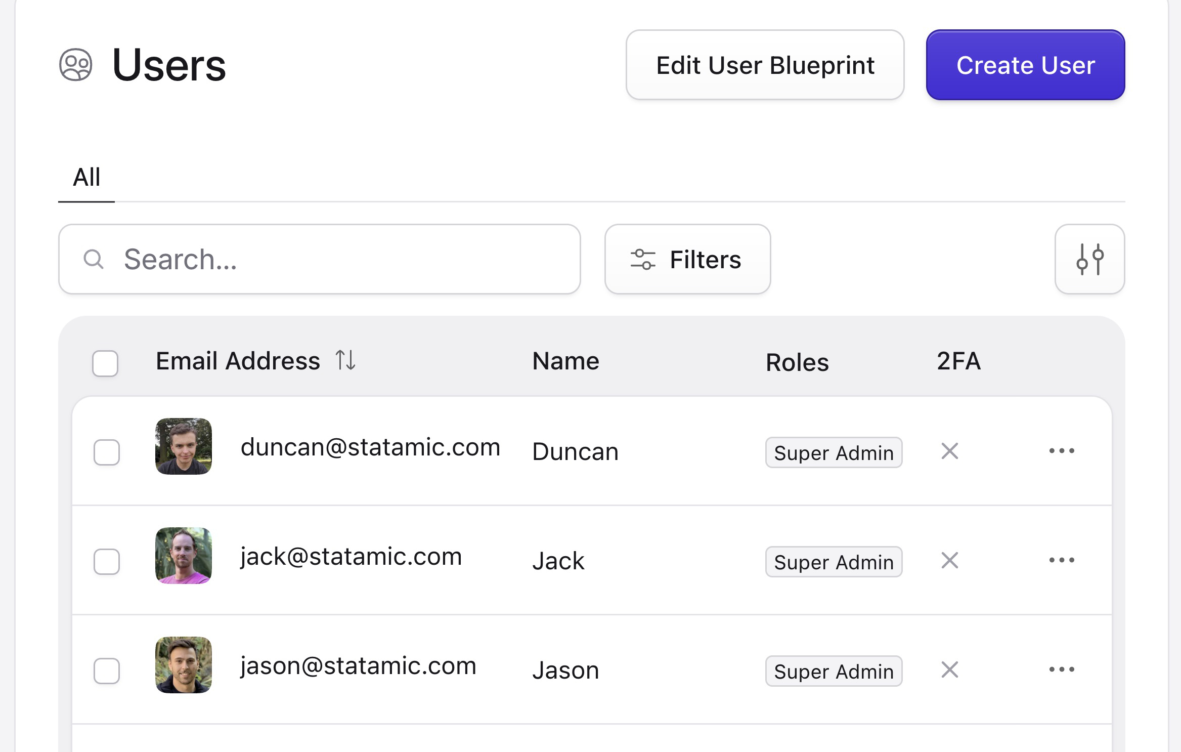 A list of users showing their roles and 2FA enrollment.